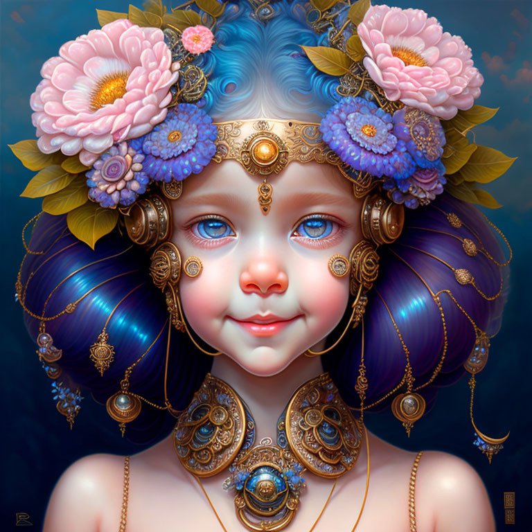 Illustrated portrait of girl with blue hair, floral adornments, gold jewelry, and serene expression