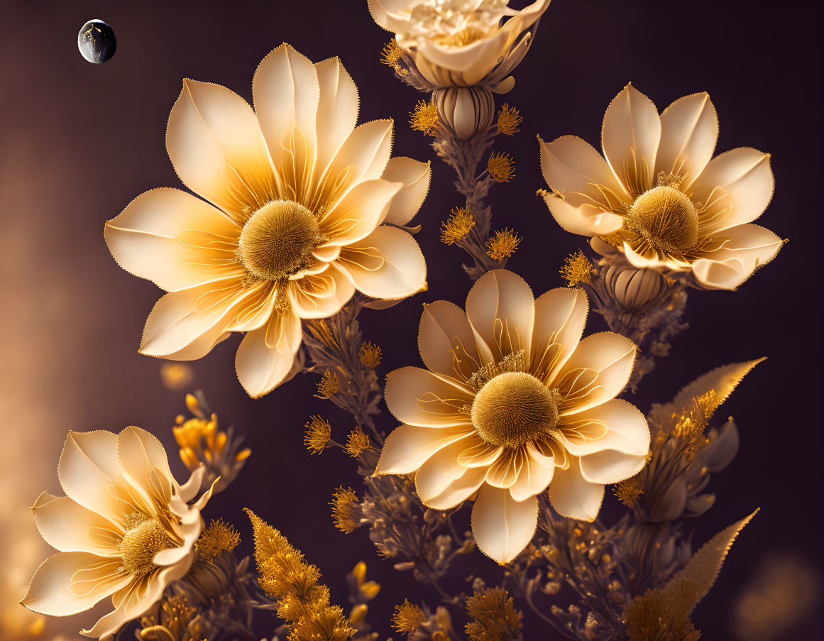 Detailed Golden Flowers in Bloom Against Brown Background with Silver Sphere