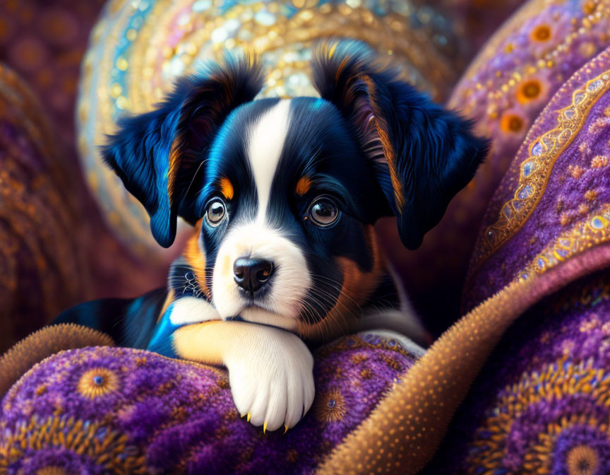 Striking-eyed puppy lounging on purple and gold textiles