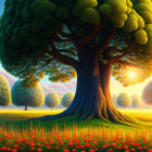 Surreal landscape with central tree under warm sunset sky