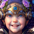 Smiling child with blue eyes in decorative helmet.