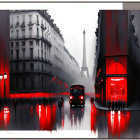 Cityscape with people, bus, red storefronts, and Eiffel Tower in misty background