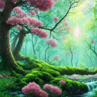 Vibrant green moss, pink flowering trees, gentle brook in enchanting forest