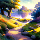 Colorful Flora and Serene Lake in Fantasy Landscape