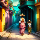 Traditional Clothing: Woman and Child in Vibrant Alley