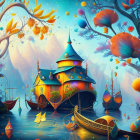 Fantasy landscape with vibrant fairytale cottage and magical elements