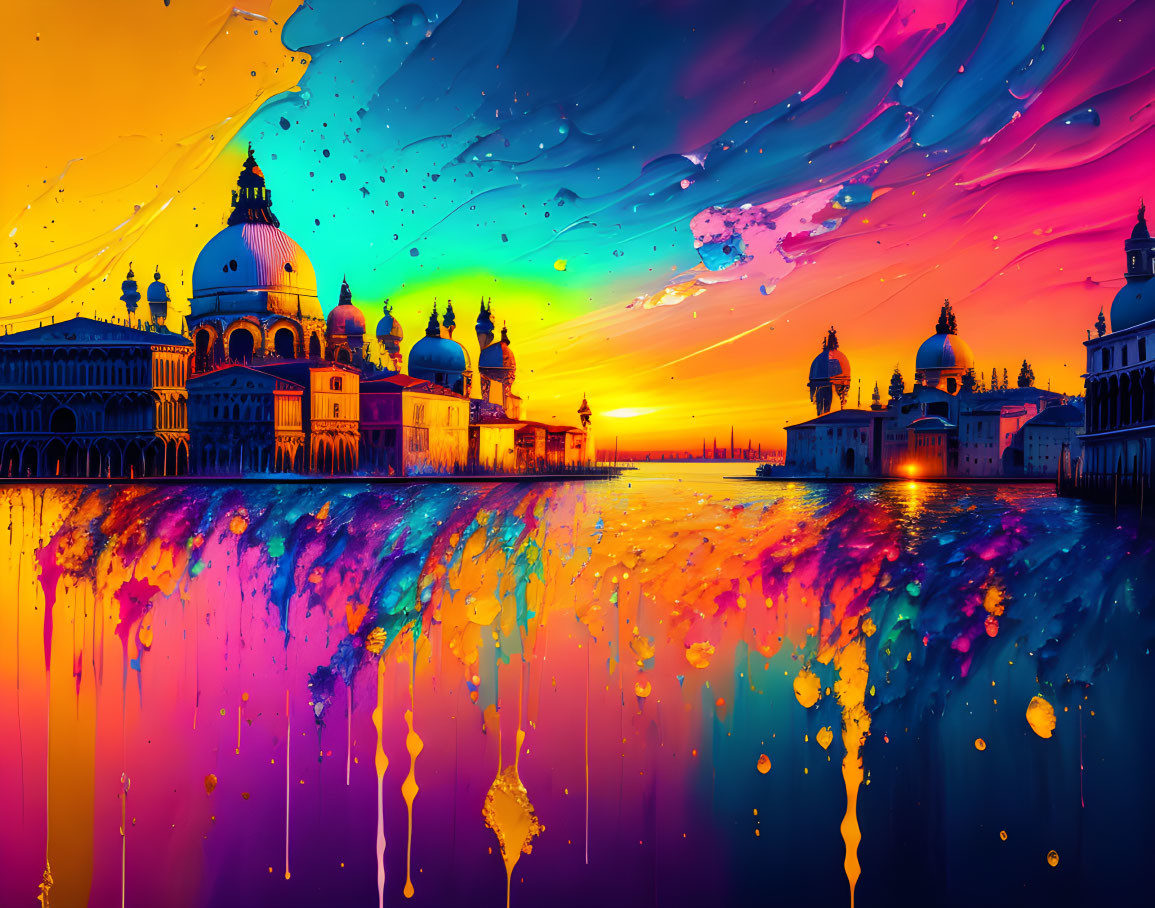 Colorful surreal Venice skyline digital artwork with paint-like drips and psychedelic sky