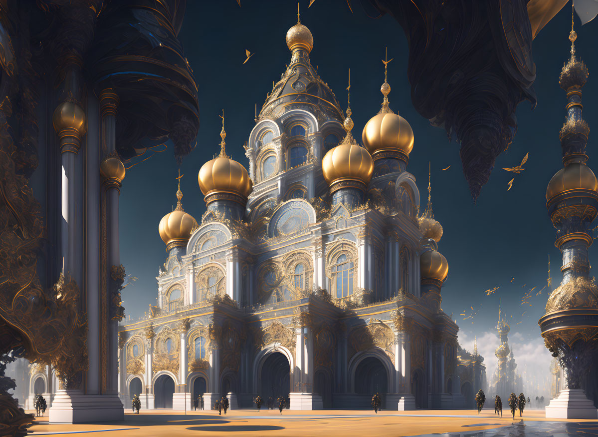 Golden-domed cathedral surrounded by columns under clear blue sky with swirling clouds.