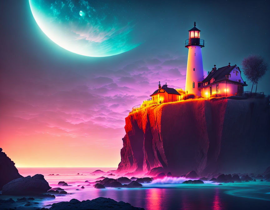 Lighthouse on steep cliff under night sky with crescent moon