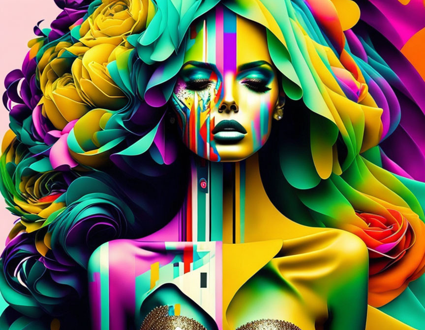 Colorful digital portrait of a woman with floral patterns and graphic lines