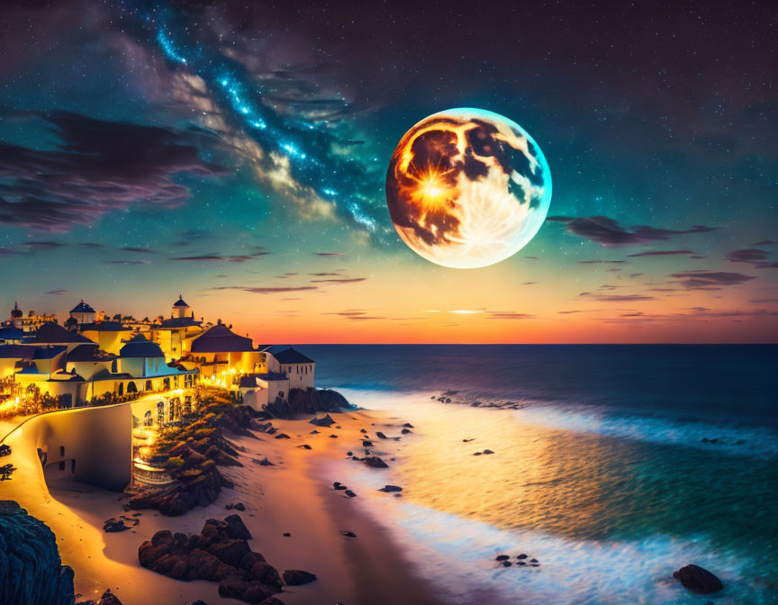 Coastal town twilight scene with surreal moon and starry sky