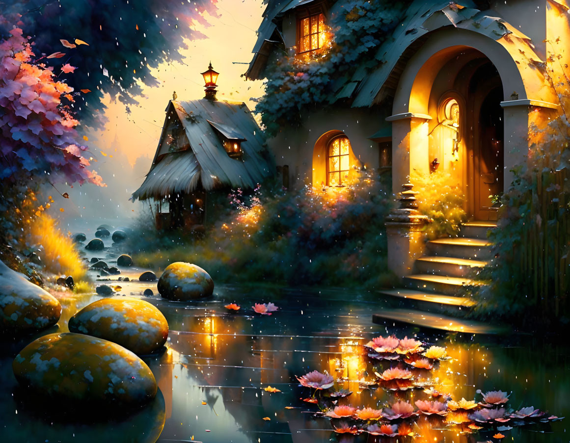 Cozy cottage by pink water lilies in pond at twilight