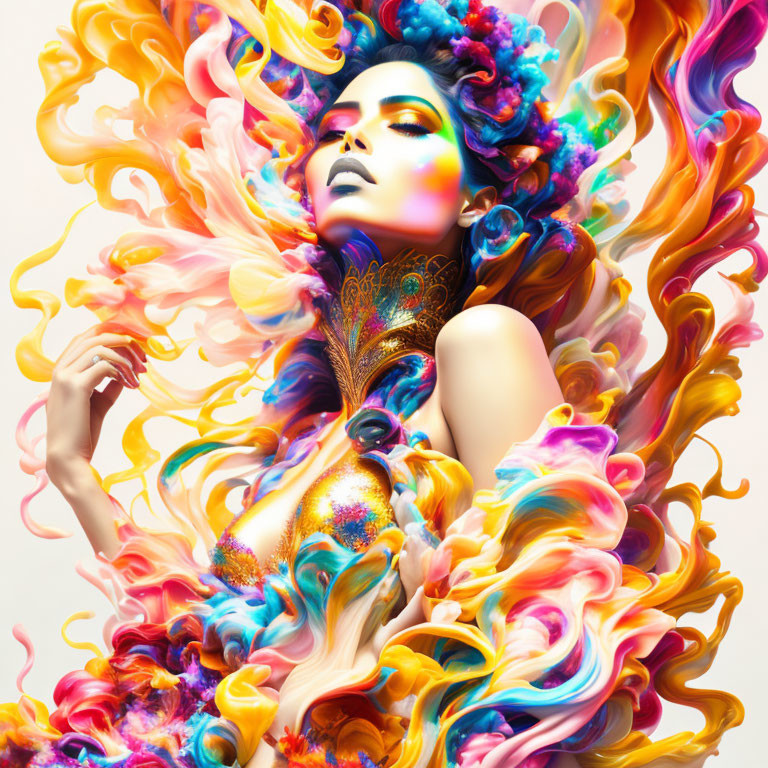 Colorful Body Art Woman Surrounded by Vibrant Paint Swirls