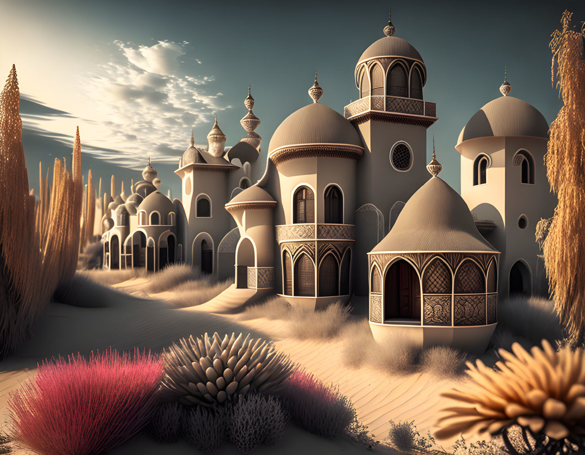 Serene desert landscape with stylized domed buildings and intricate patterns