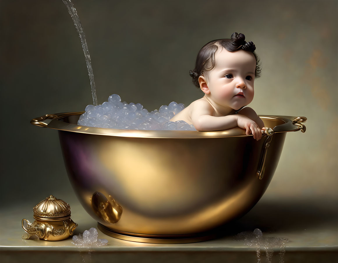 Baby with hair bun in gold bathtub with bubbles and rubber duck