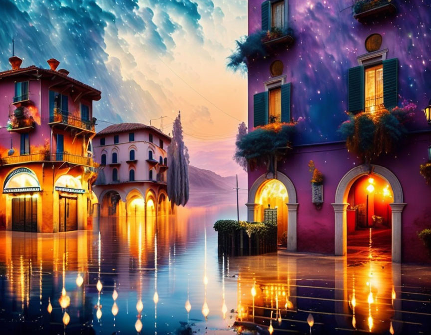 Surreal twilight townscape with golden-lit buildings and starry sky