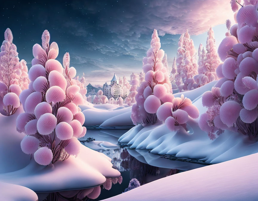 Winter landscape with pink flora, serene river, snow, castle, icy spires, starry sky