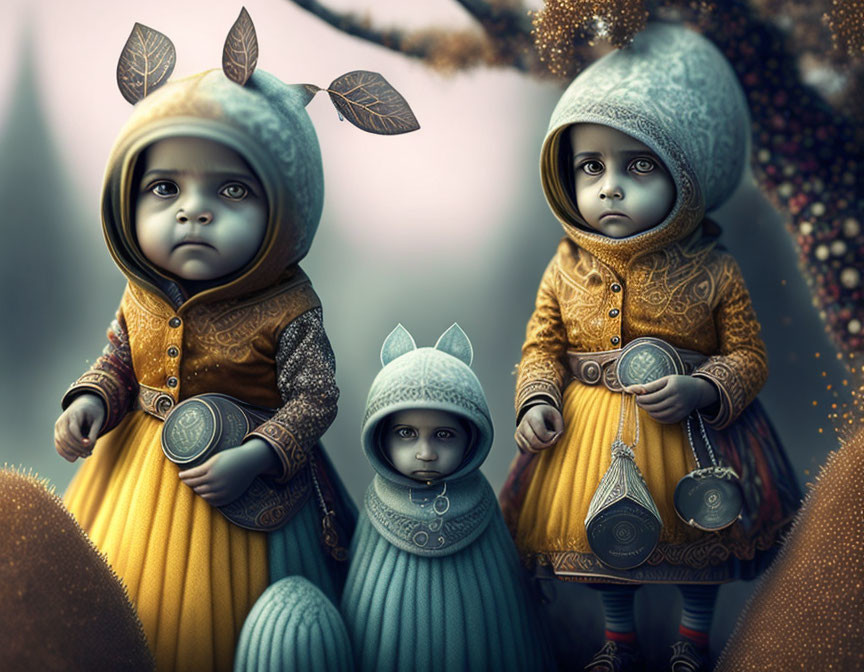 Fantasy forest scene with three stylized characters in hooded cloaks