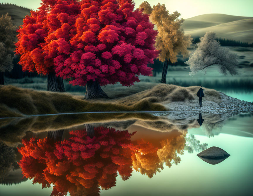 Person with umbrella by tranquil lake reflecting red tree at dusk or dawn