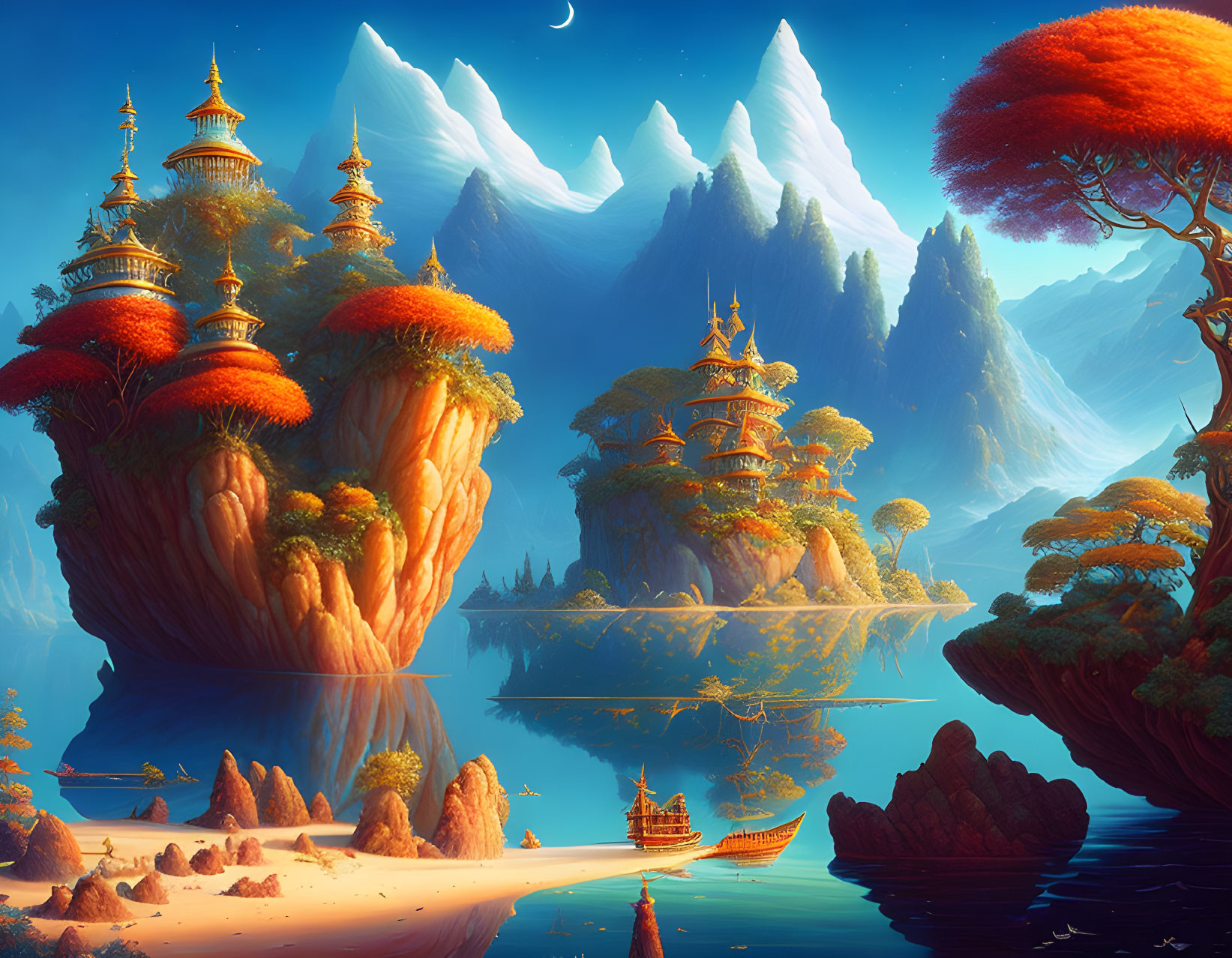 Majestic floating islands with golden pagodas in fantasy landscape