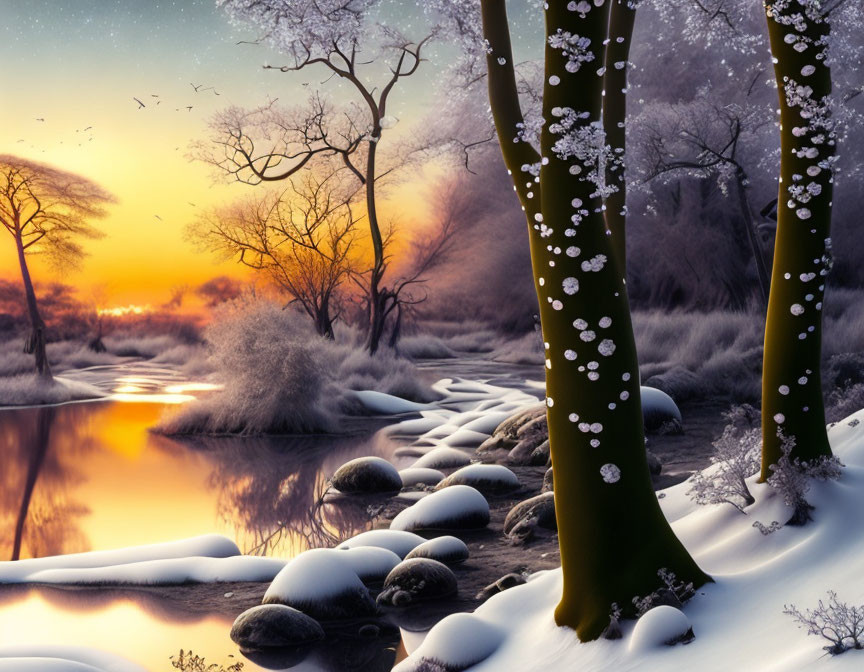 Snow-covered trees and stream in serene winter sunset landscape