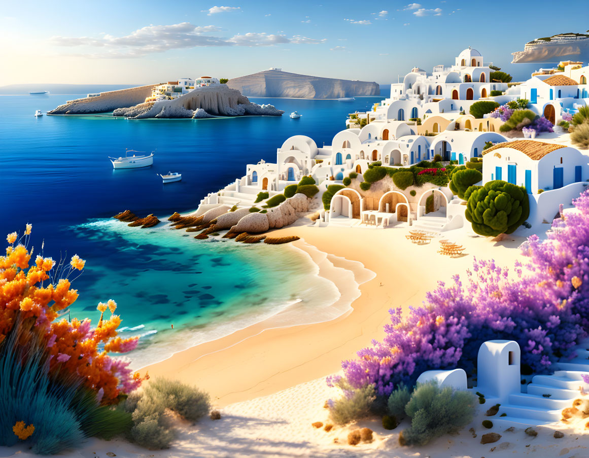 Scenic beach with blue waters, white sand, blue & white houses, purple flowers, and sailing