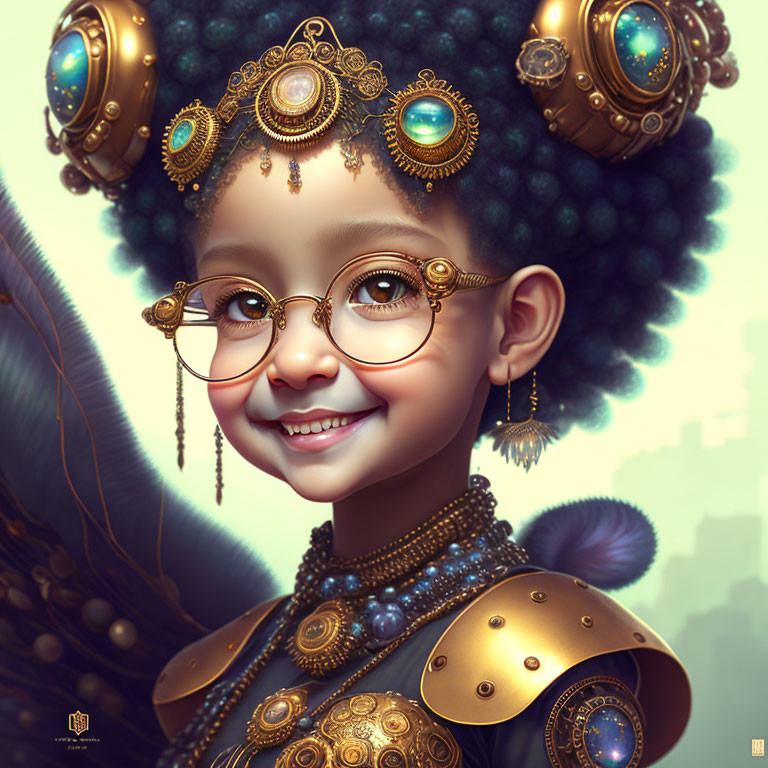 Illustration of a young girl with afro, gold ornaments, round glasses, and steampunk