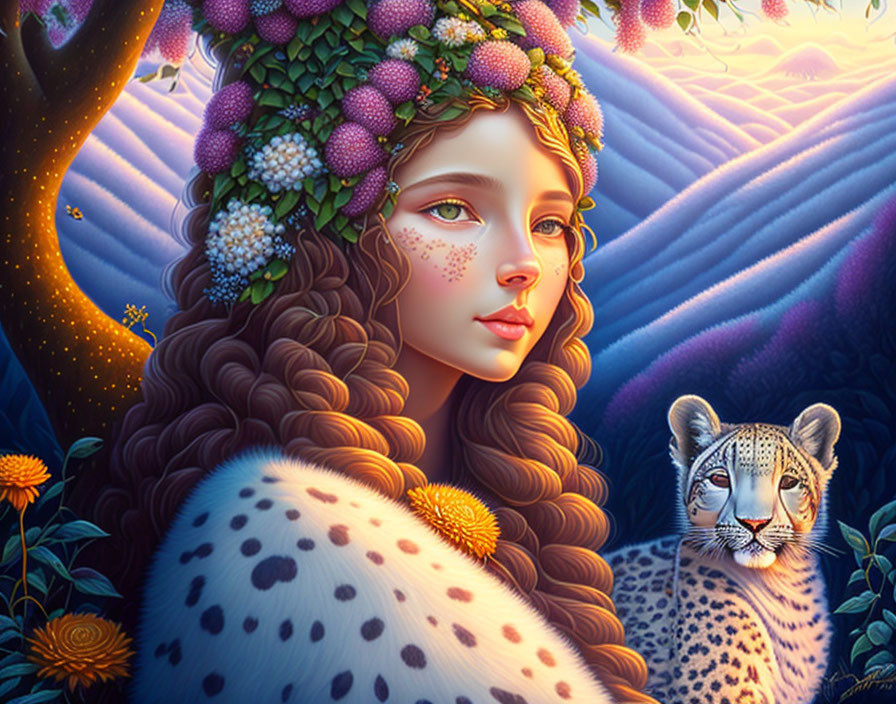 Woman with floral crown and snow leopard in serene landscape