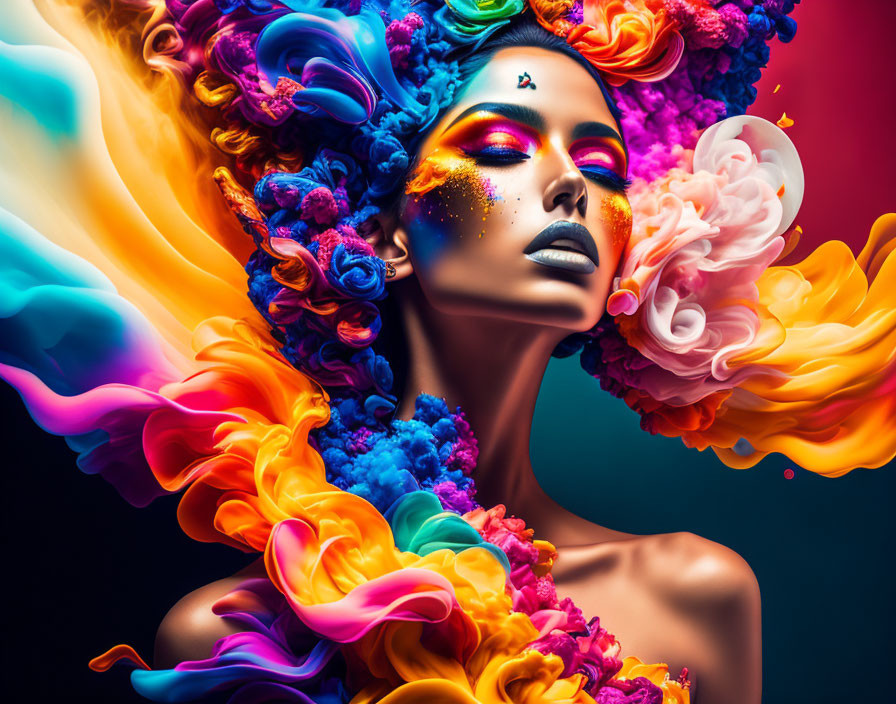 Colorful portrait of a woman with swirling psychedelic clouds and flowers.