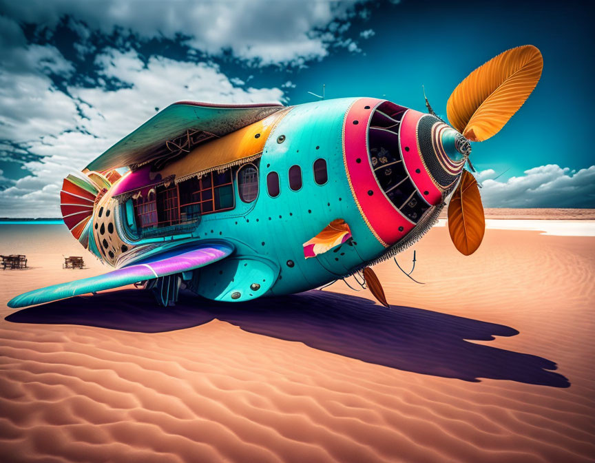 Colorful plane with large propeller lands in vibrant desert scene