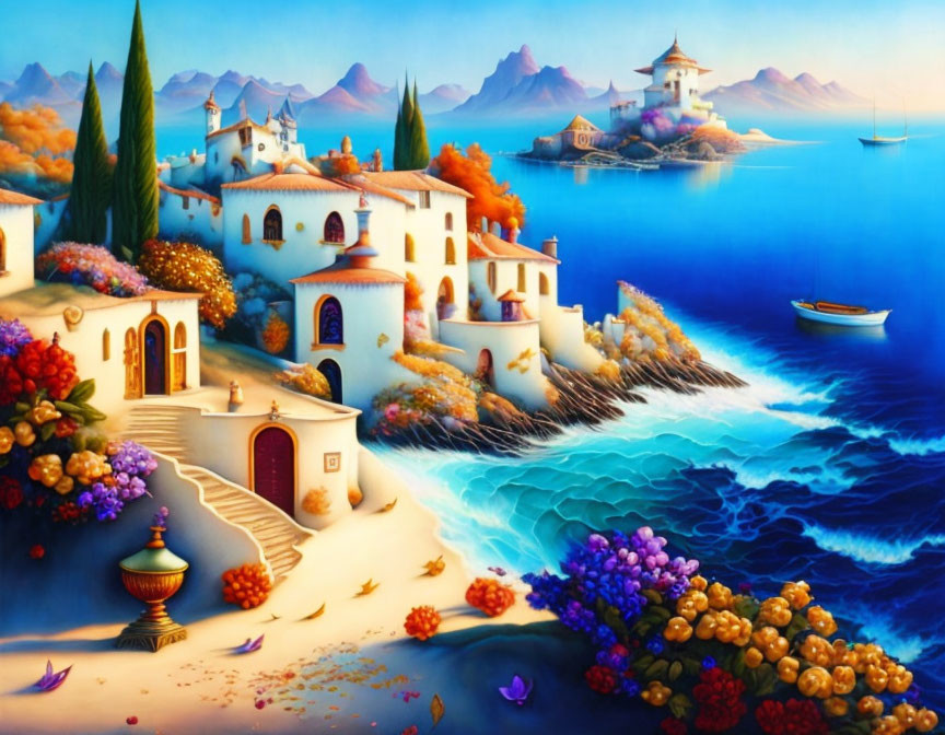 Colorful seaside painting: white buildings, blooming flowers, calm sea, boats, distant mountains,