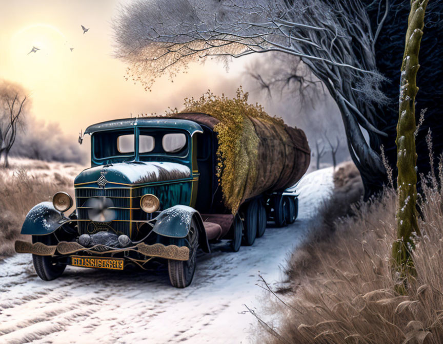 Vintage Truck Driving Through Snowy Landscape with Frosty Trees and Birds in Dusky Sky