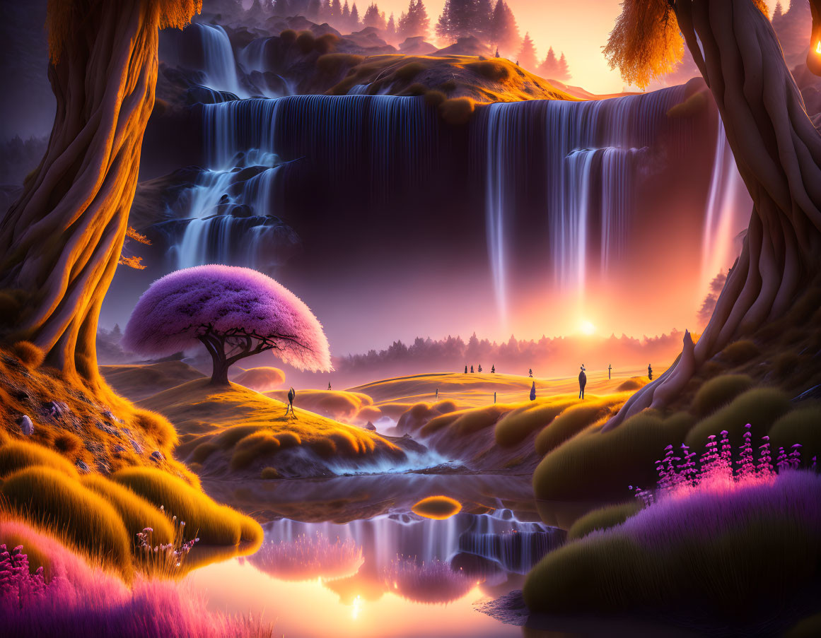 Fantasy landscape with glowing tree, waterfalls, and silhouetted figures