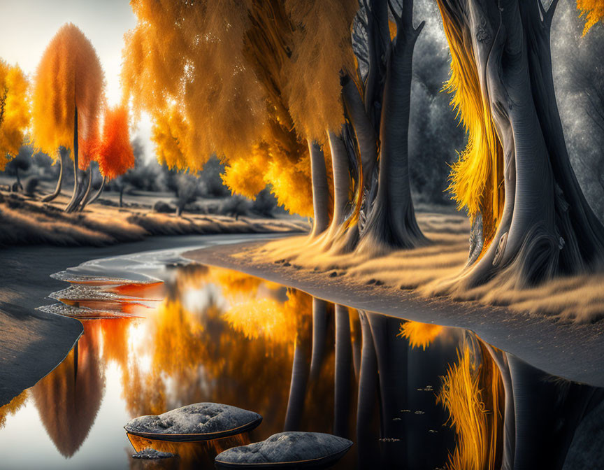 Tranquil autumn scene: fiery trees, reflective water, stone path