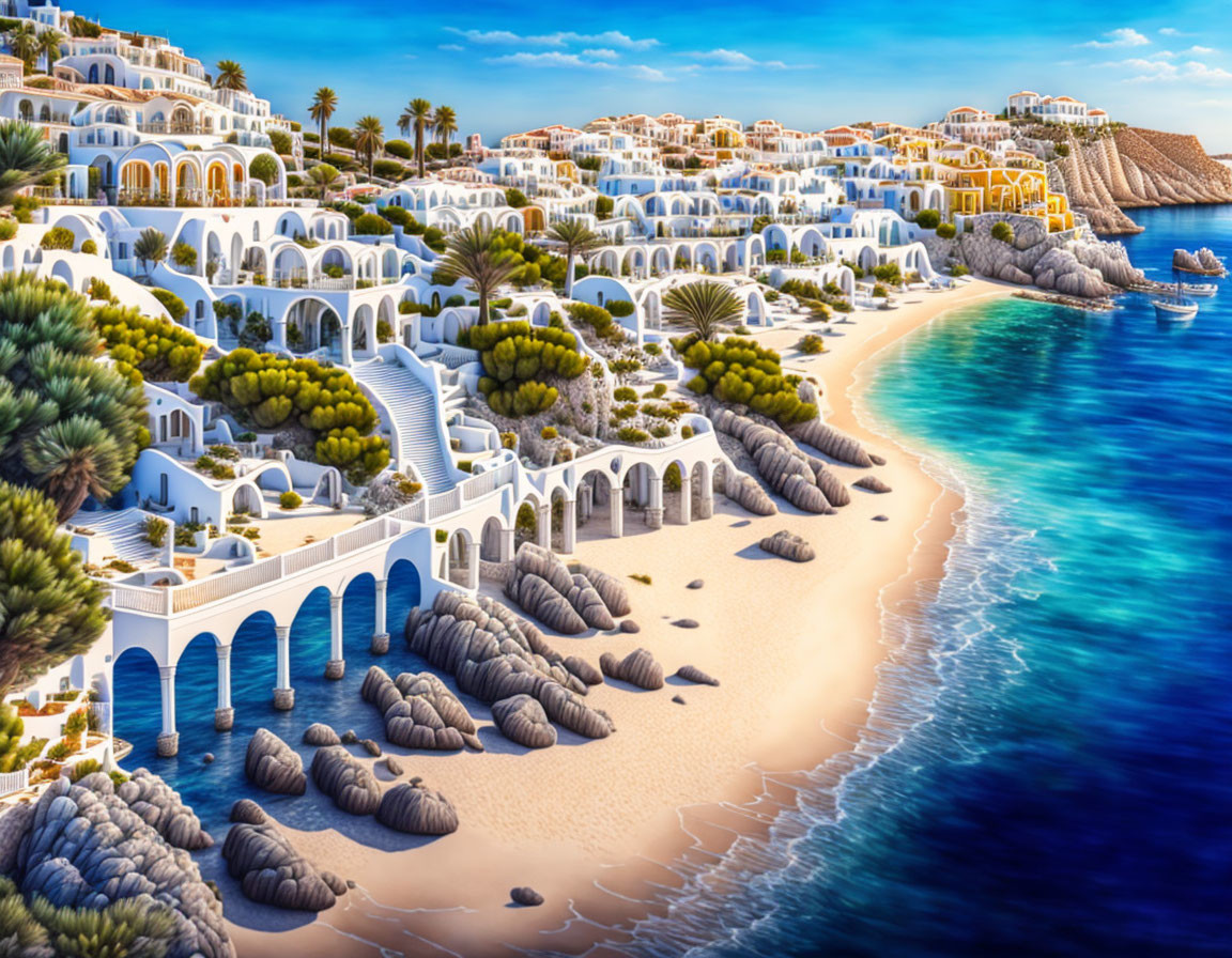 Scenic seaside landscape with white buildings, blue domes, sandy beach, and clear blue waters