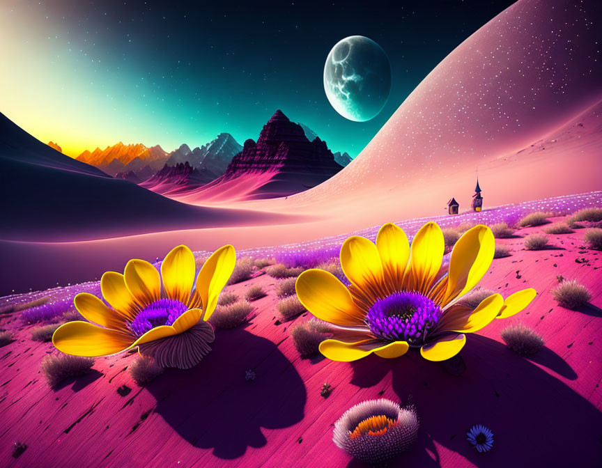 Surreal desert landscape with yellow flowers and purple sand