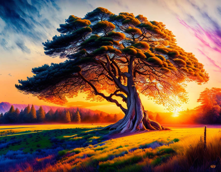 Colorful sunset behind majestic tree in serene meadow