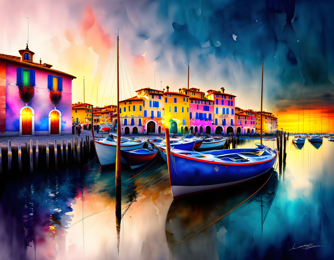 Vibrant waterfront sunset with buildings and boats reflecting on water