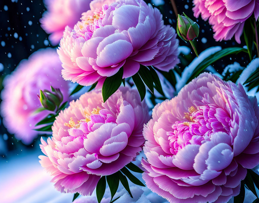 Pink peonies with golden stamens on blue background with snowflakes