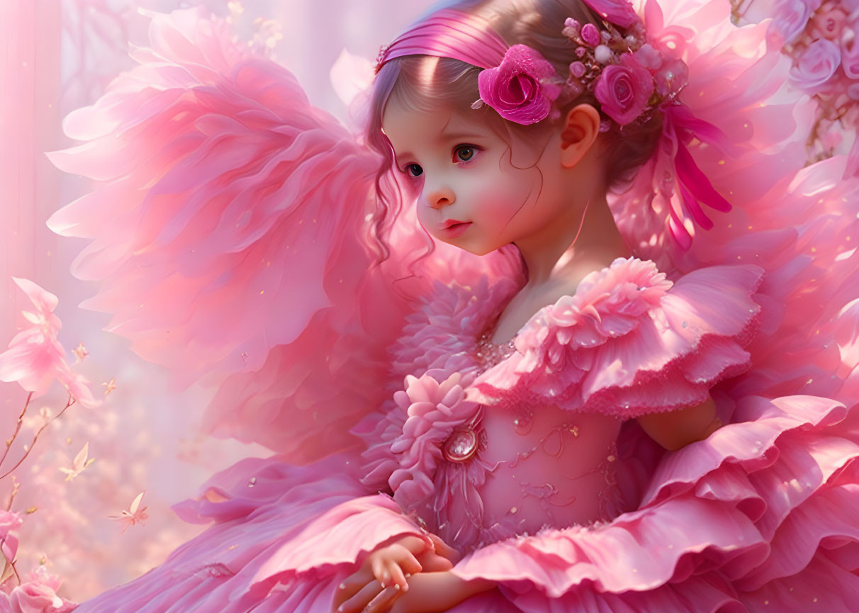 Digital artwork: Young girl with pink angel wings and floral attire in pink floral setting