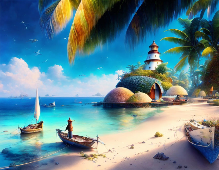 Tropical beach scene with lighthouse, palm trees, boats, and blue skies