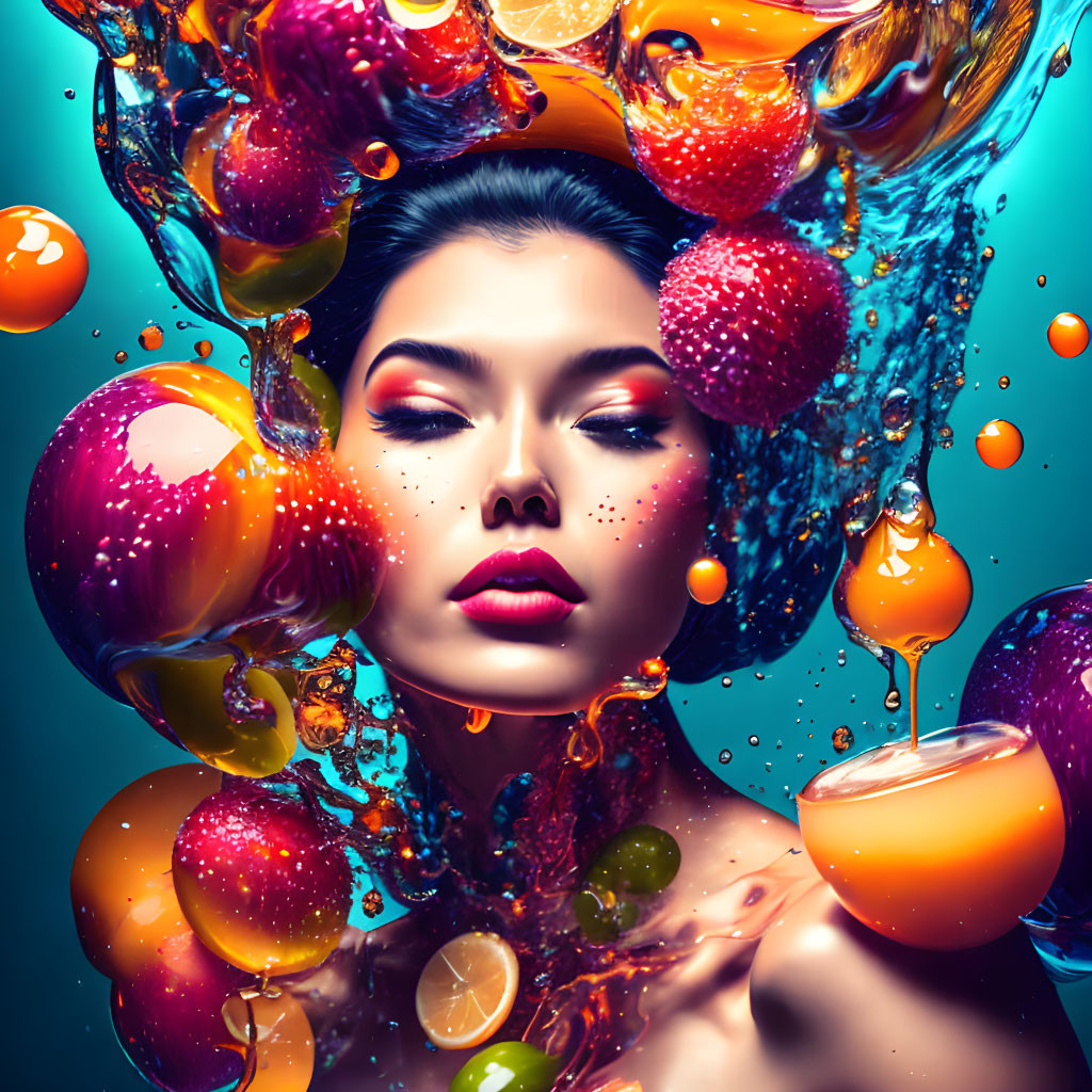 Woman with closed eyes in vibrant fruit and liquid surroundings