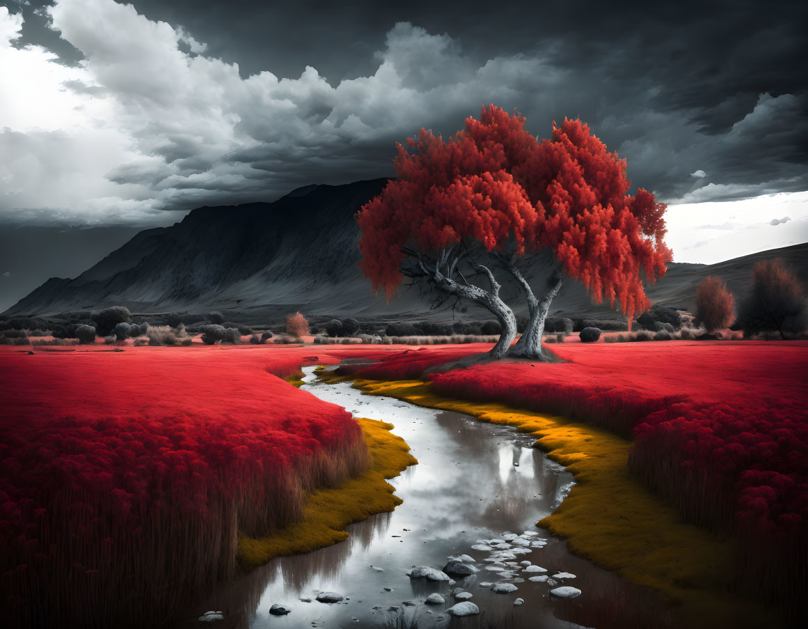 Vibrant red tree in monochrome landscape with reflective pond and ominous clouds