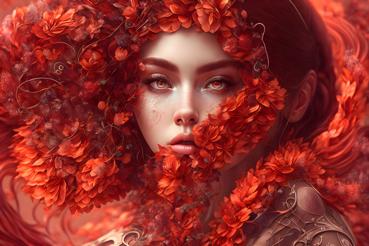 Female Figure Portrait with Red Flowers and Vines in Digital Art