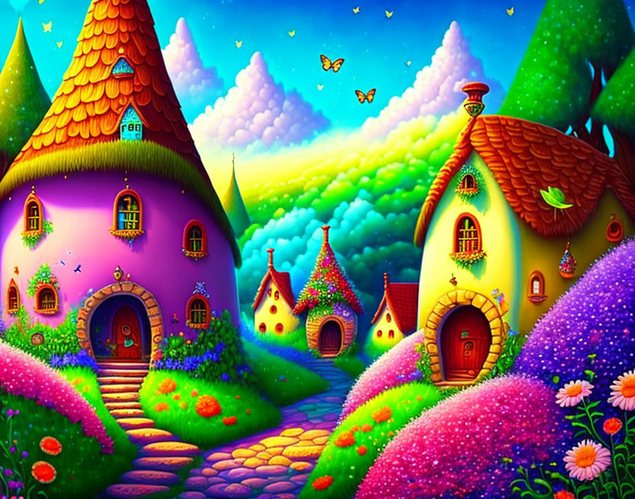 Whimsical landscape with vibrant mushroom-shaped houses and rainbow sky