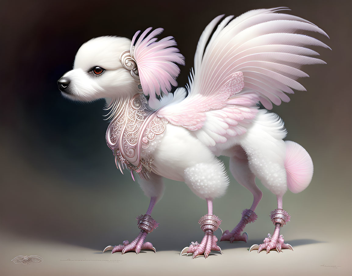 Fantastical creature: White fluffy dog body, bird wings, intricate skin patterns, taloned feet