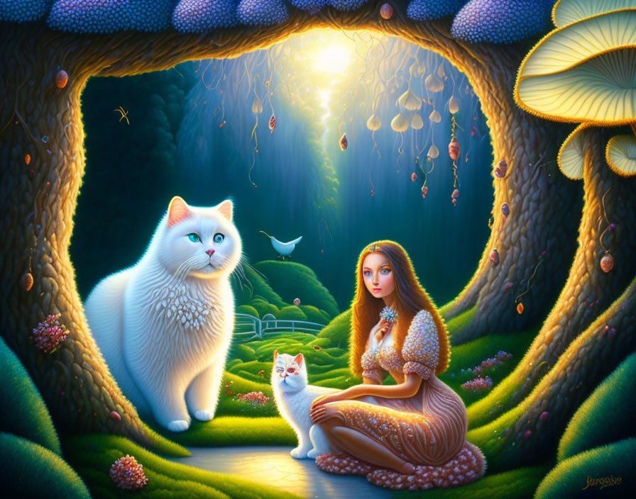 Fantasy Artwork: Woman with Two White Cats in Enchanted Forest