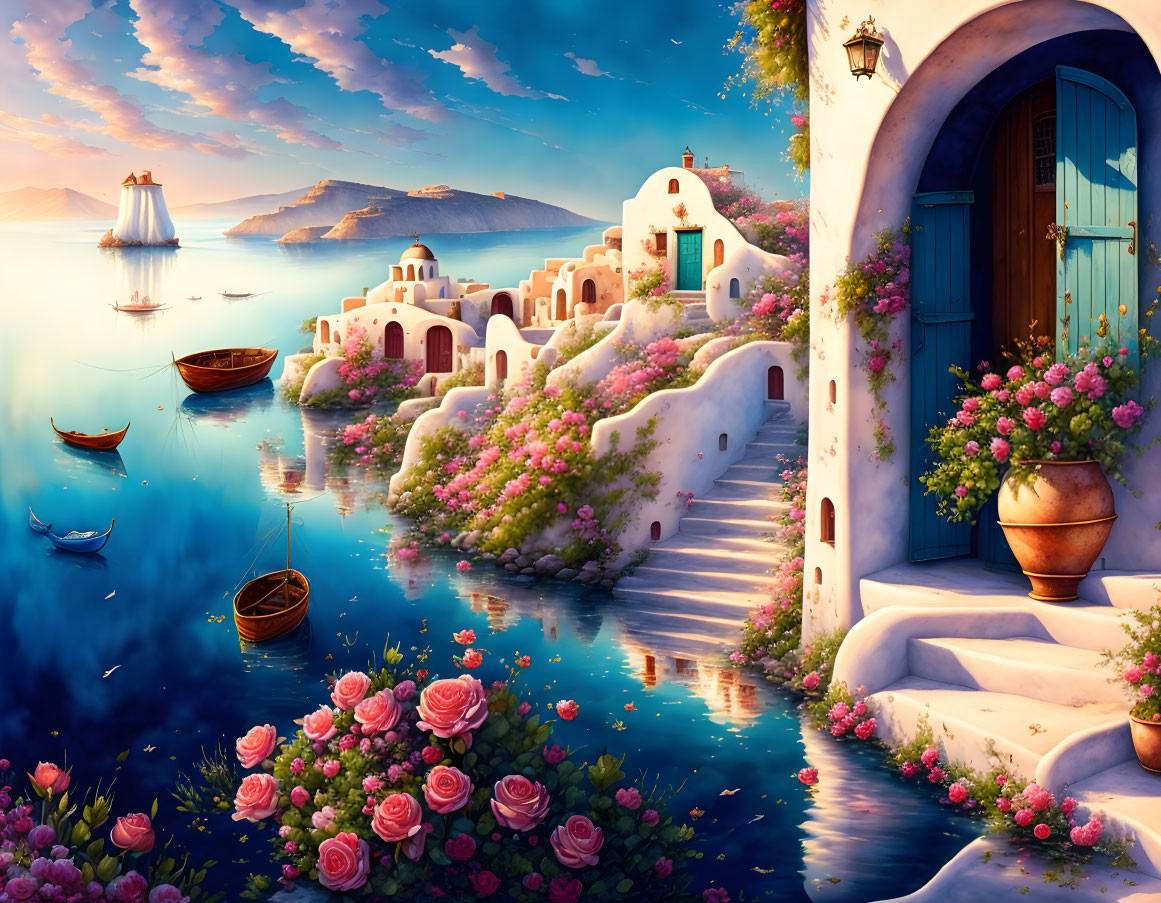 Tranquil waterfront with white buildings, pink flowers, calm waters, boats, sunset sky