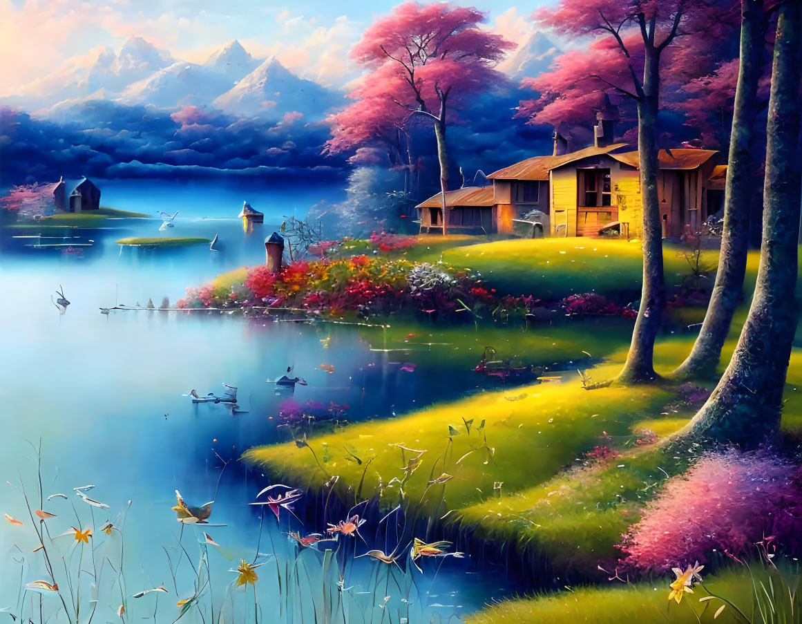 Tranquil Lake Scene with Cabins, Blooming Trees, and Mountain View