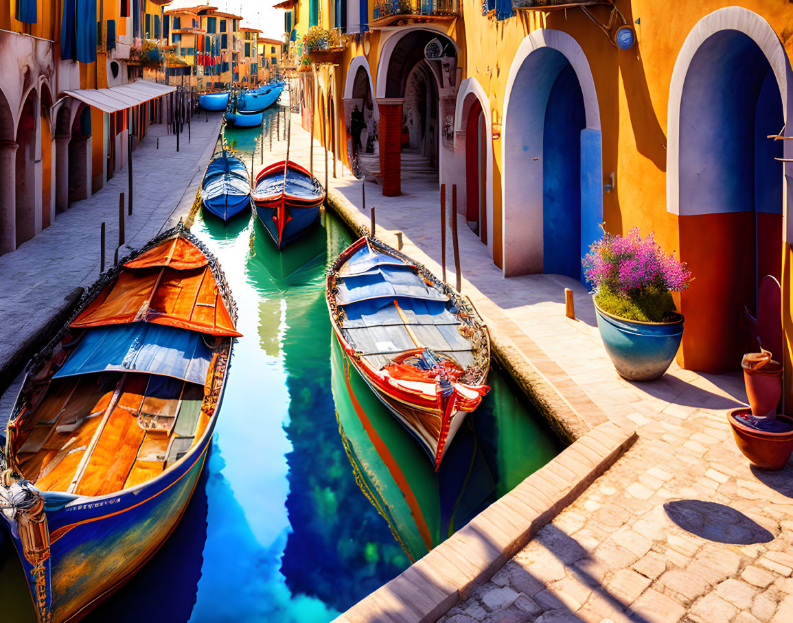 Vibrant Venetian Buildings Along Canal with Moored Boats